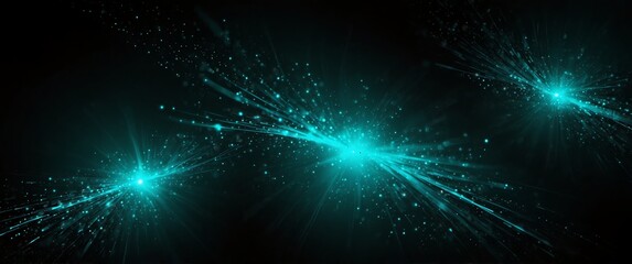 Wall Mural - teal abstract lights in space plain black background wide angle panoramic view backdrop copy space