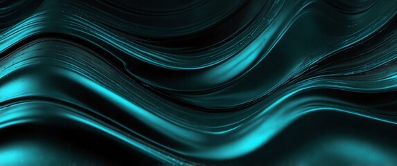 Wall Mural - teal abstract metallic liquid waves plain black background wide angle panoramic view backdrop copy space