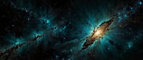 Wall Mural - teal formation of celestial space galaxy plain black background wide angle panoramic view backdrop copy space