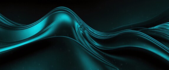 Wall Mural - teal abstract metallic liquid waves plain black background wide angle panoramic view backdrop copy space