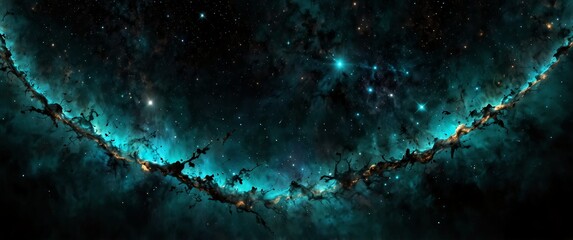 Wall Mural - teal formation of celestial space galaxy plain black background wide angle panoramic view backdrop copy space