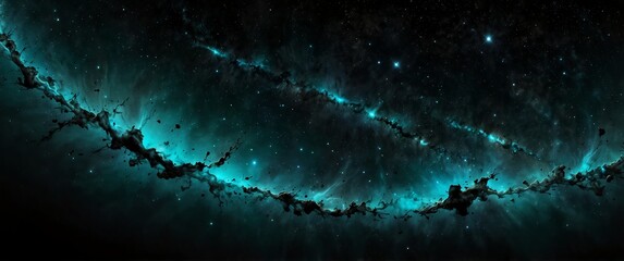 Wall Mural - teal formation of celestial space galaxy plain black background wide angle panoramic view backdrop copy space