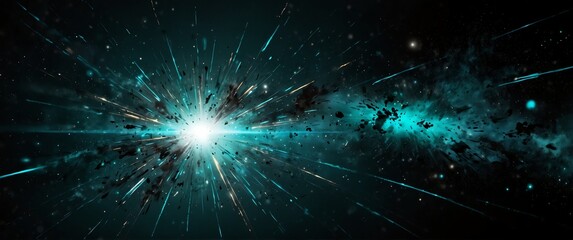 Wall Mural - teal lights explosion in space galaxy plain black background wide angle panoramic view backdrop copy