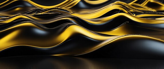Wall Mural - yellow abstract metallic liquid waves plain black background wide angle panoramic view backdrop copy space