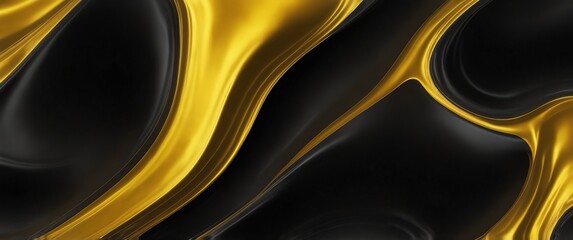 Wall Mural - yellow abstract metallic liquid waves plain black background wide angle panoramic view backdrop copy space