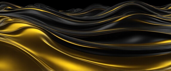 Wall Mural - yellow abstract metallic liquid waves plain black background wide angle panoramic view backdrop copy space