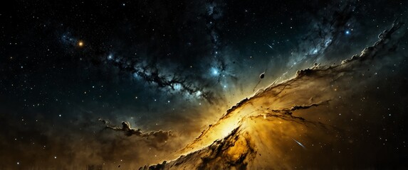 Wall Mural - yellow formation of celestial space galaxy plain black background wide angle panoramic view backdrop