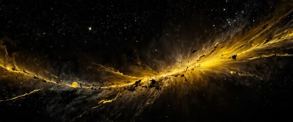 Wall Mural - yellow formation of celestial space galaxy plain black background wide angle panoramic view backdrop
