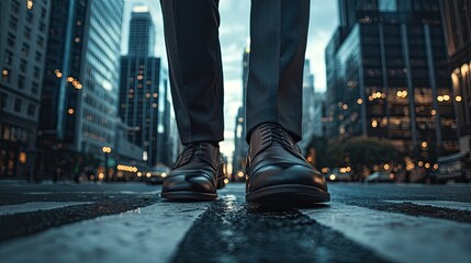 Close-up of business shoes stepping on a zebra crossing, with urban skyscrapers in the distance, symbolizing city commuting