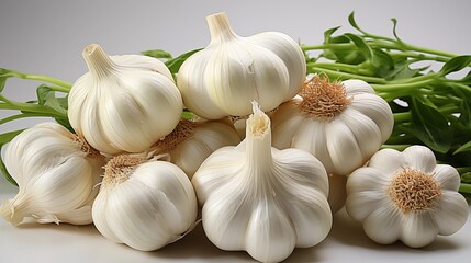 Canvas Print - Close up of a fresh elephant garlic, macro photography, delicious textures, front view from above, studio lighting, white background.