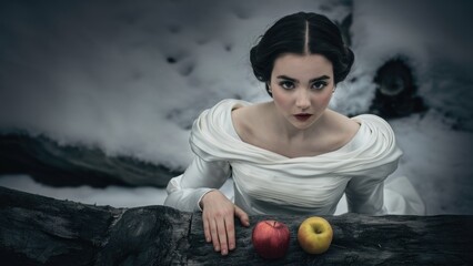 Canvas Print - A woman in white dress with apples on a log, AI