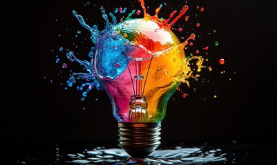 Wall Mural - lightbulb idea concept with colorful liquid of splashing unique creative idea on black background