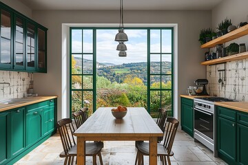 green Scandinavian style kitchen with large dining table and chairs