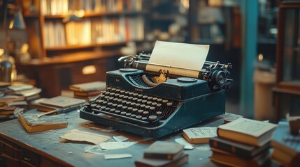 Vintage typewriter on a cluttered desk, with scattered books and a warm, golden light