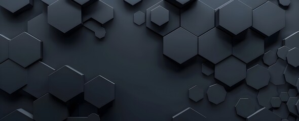 Poster - 3d render of black abstract background with hexagon pattern, dark gray color 