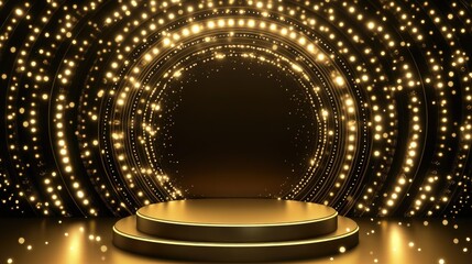 elegant gold podium with a circular background featuring glowing dots and lights, perfect for award 