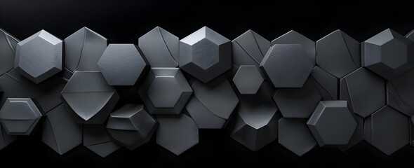 Poster - 3d render of black abstract background with hexagon pattern, dark gray color 