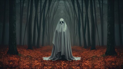 Canvas Print - A ghostly figure in a white cloak standing among trees, AI