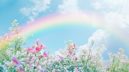 Enchanting rainbow arching over pastel-colored flowers, set against a tranquil blue and white sky