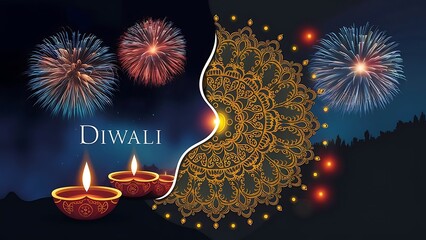 Wall Mural - Festive Diwali Greeting with Traditional Indian Oil Lamps, Diwali Banner, Diwali Poster, Happy Diwali, Offer, Sale.