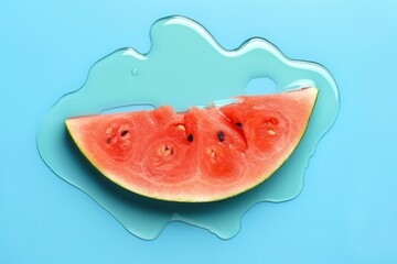 Wall Mural - Melting watermelon slice on a blue background with splash effect. Free copy space for text.