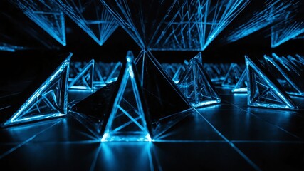 Wall Mural - blue glowing triangles abstract in black background copy space design