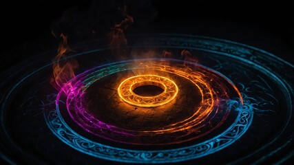 Wall Mural - colorful glowing magic circle in black background copy space design