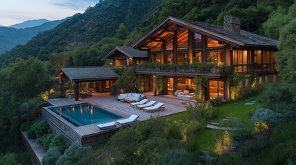 Wall Mural - A rustic wooden house with large windows, surrounded by lush greenery and overlooking the valley below. The front of it has an elegant swimming pool in its backyard. 