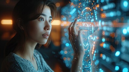 Wall Mural - Young woman interacting with futuristic holographic interface in a dimly lit setting, showcasing advanced technology and innovation.