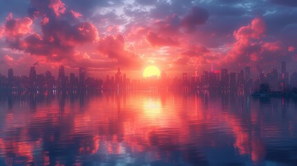 A breathtaking digital sunset over a futuristic city skyline reflected on calm waters, featuring vibrant hues of pink, purple, and orange.