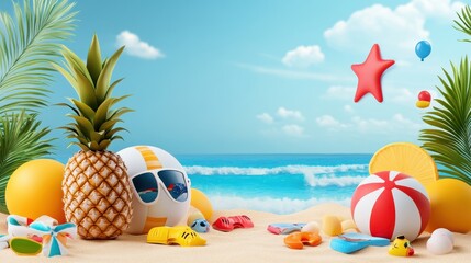 Wall Mural - Beach scene with pineapple in shades and beach ball, detailed clipart style, tropical and fun