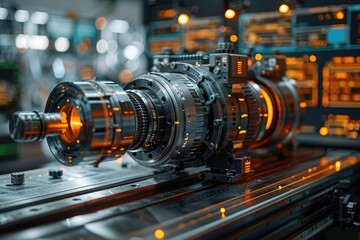 Close-up of high-tech machinery component in a modern industrial setting, glowing with orange lighting, showcasing advanced engineering and technology.