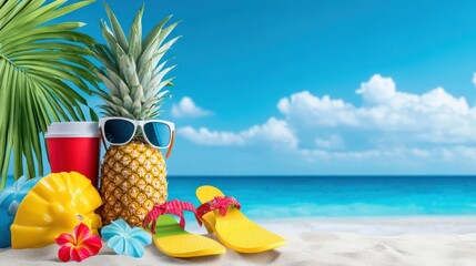 Wall Mural - Beach scene with pineapple in sunglasses and flip-flops, detailed clipart style, tropical and lively