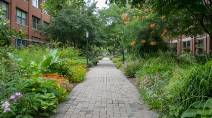 Wall Mural - Brick Pathway Through a Lush Garden.