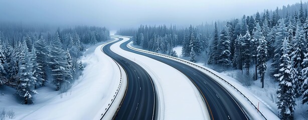 Wall Mural - Realistic images with full HD resolution Snow-covered highway cutting through a dense forest, foggy morning, more clarity with clear light and sharp focus, high detailed