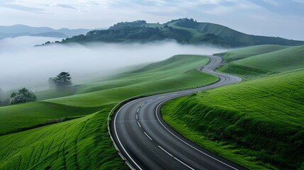 Wall Mural - realistic images with full hd resolution foggy highway cutting through rolling hills, morning fog an