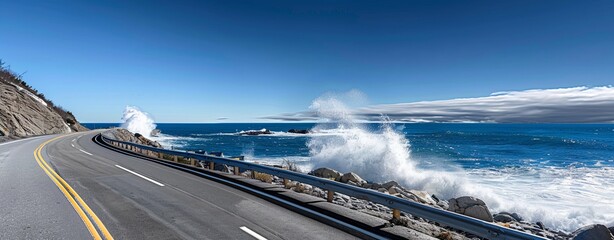 Wall Mural - realistic images with full hd resolution semi close-up of a coastal highway with waves crashing agai