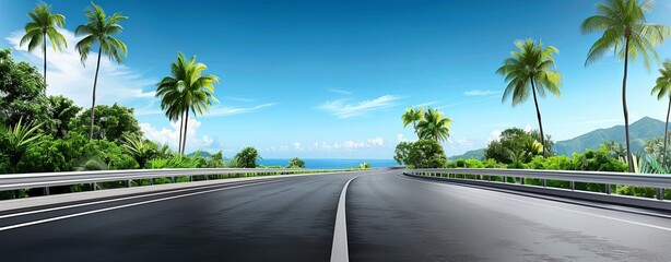 Wall Mural - realistic images with full hd resolution highway in a tropical landscape with palm trees, bright aft