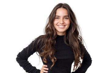 Wall Mural - Young woman with long hair smiling confidently, hands on hips, isolated on white background