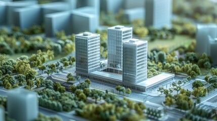 Wall Mural - Corporate Headquarters Maquette Representation: Generate a photo realistic image of a maquette showcasing a corporate headquarters with modern architecture, office towers, and landscaped surroundings