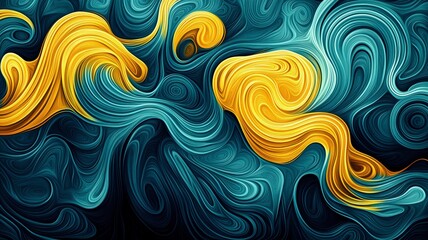 Abstract Swirling Fluid Art with Blue and Yellow Waves