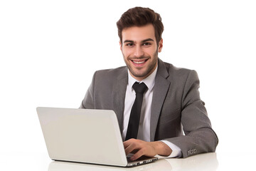 Aufkleber - Young businessman smiling while using laptop Isolated on white background