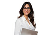 © venusvi - Young brunette woman with glasses, holding a laptop, professional appearance, isolated on white background