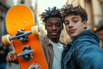 Two teenage boys, one holding an orange skateboard, taking a selfie together on a city street, showcasing their friendship and urban lifestyle.