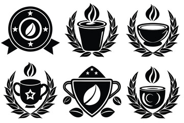 Set of Coffee Cups, Trophies and Awards with Laurel Wreaths