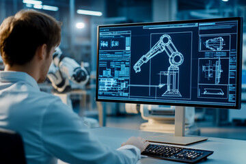 A man sitting at the computer, On the screen there is an industrial design blueprint of a robotic arm. In the background, we can see a dark factory with robots , Engineer control a robot 