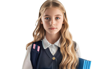 Wall Mural - Young blond girl in school uniform, holding books, looking studious, isolated on white background