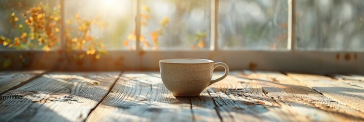 A white coffee cup sits on a rustic wooden table by a sunny window, creating a warm and inviting atmosphere in the morning light.