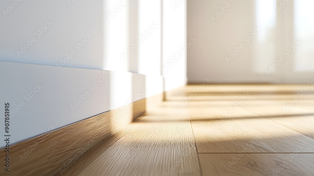 Modern interior baseboard, light tan wooden floor, white walls, clean
