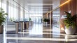 © horizon - Modern office lobby, security turnstiles, floor-to-ceiling windows, abundant natural light, bright interior, polished marble floors, glass partitions, indoor plants, wooden accents.